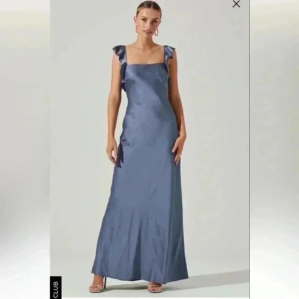ASTR the Label BRYNA RUFFLE STRAP SATIN MAXI DRESS SZ XS slate blue